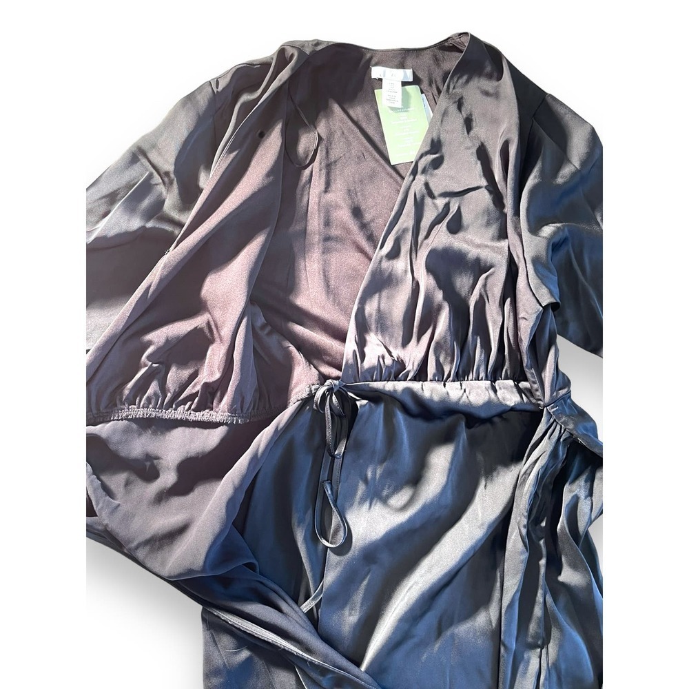 NWT H&M Satin Maxi Wrap Front Long Sleeve Oversize Relax Dress Women's Black S - Picture 7 of 12